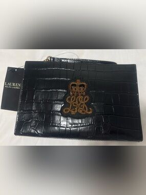 Ralph Lauren Bullion Black Croc-Embossed Zip Wristlet with Gold Hardware